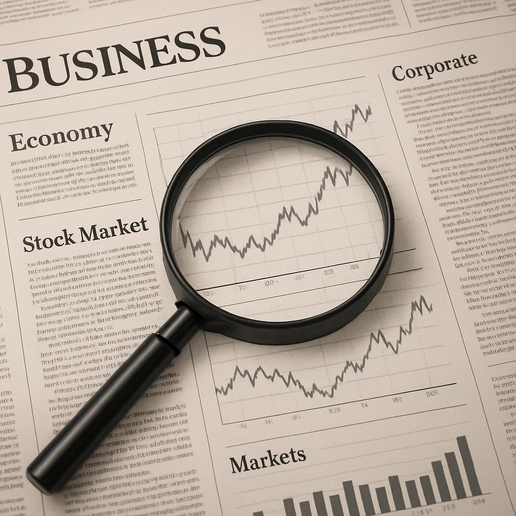 Business newspaper with magnifying glass and charts