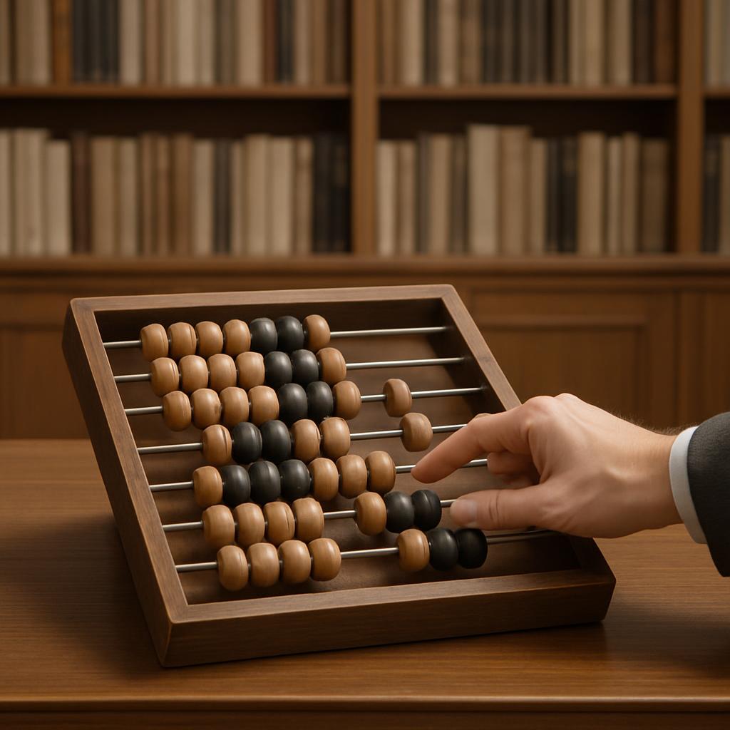 alt text: An abacus with a hand on it. The abacus has brown and black beads. There is a bookshelf in the background.